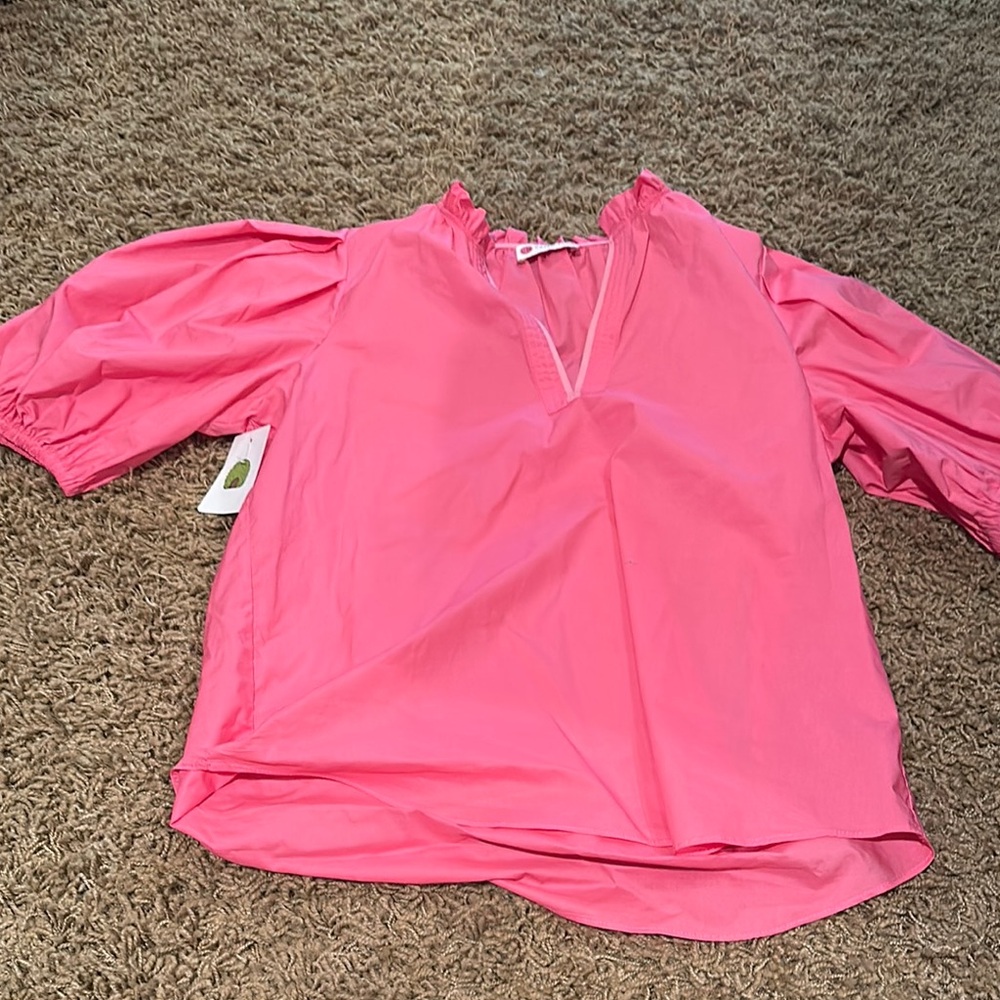 Pink Puff Sleeve Mandarin Collar Blouse